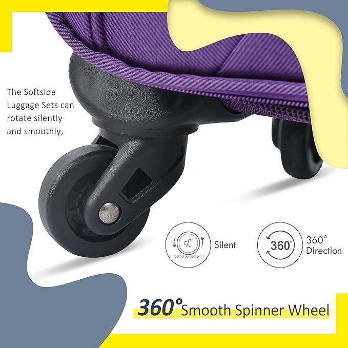Softside 3 Piece Luggage Sets, Expandable Lightweight Suitcase Sets Double Softshell Spinner Wheels Travel Luggage Set for Women and Men (Purple, 3-Piece Set)