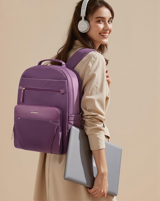 LOVEVOOK Laptop Backpack for Women with Leather Trim & Tumbler Pockets, 15.6" Work Backpack Purse, Travel Personal Item Bag, Carry On Business Computer Bag for Office, School, or Gift, Lustrous Plum
