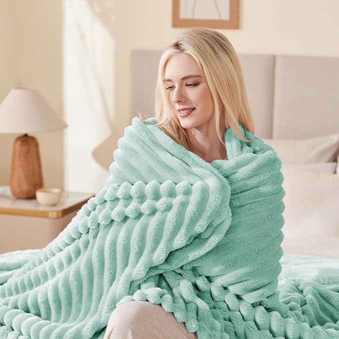 EXQ Home Fleece Throw Blanket for Couch or Bed - 3D Stripe Jacquard Decorative Blankets - Cozy Soft Lightweight Fuzzy Flannel Blanket Suitable for All Seasons(50"×60",Cyan-Blue)