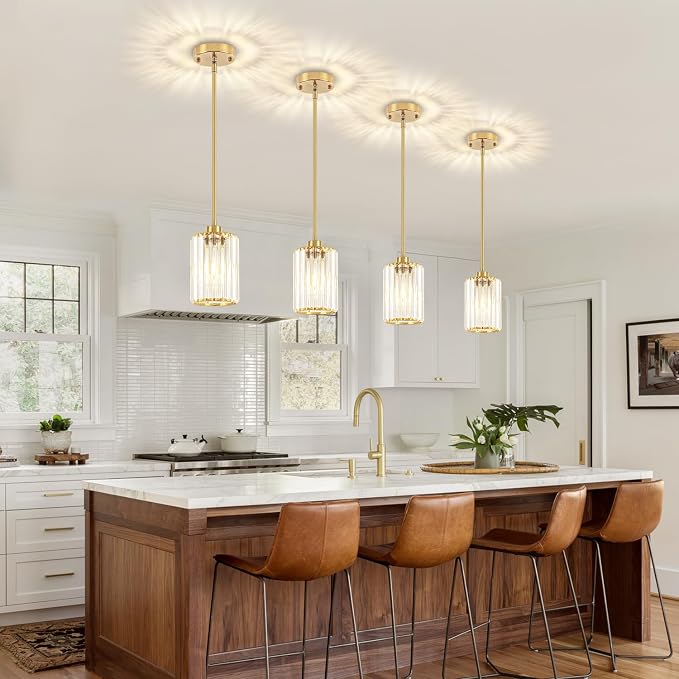 Brushed Brass Pendant Light Fixtures Over Island Modern Kitchen Lighting | 2 Pack Adjustable Hallway Ceiling Lights, Crystal Hanging Pendant Lights for Dining Room Bathroom Entryway Above Sink