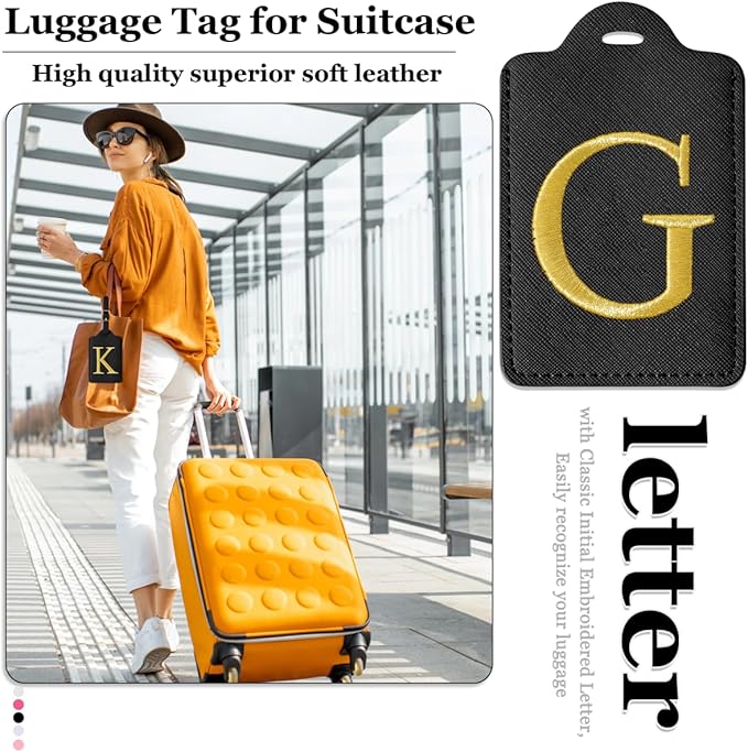 Personalized Initial Luggage Tags for Suitcases,Leather Letter Cute Luggage Tags with Privacy Name Card,Embroidered Monogrammed Travel Bag Backpack Tag Gifts for Women Kids Girls Teens(Black-G)