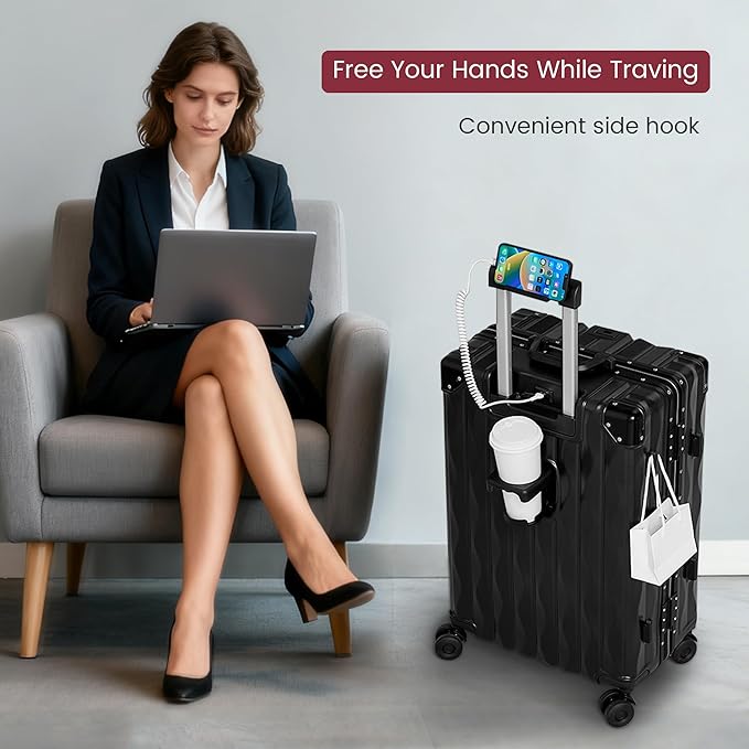 20 Inch Carry On Luggage with Spinner Wheels,Aluminum Frame PC Hard Shell Suitcase with USB Port,Lightweight Travel Luggage Airline Approved for Men Women, Black