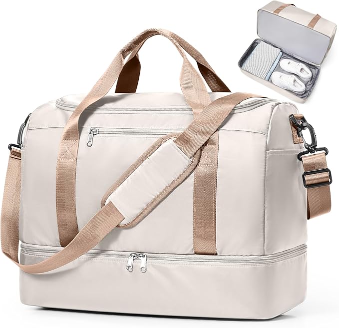 Travel Duffel Bag for Women, Carry-on Overnight Weekender Bags with Wet Pocket, For Spirit Airlines 18x14x8 Personal Item Bag,Small,Beige & Brown
