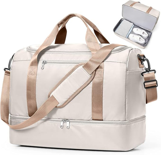 Travel Duffel Bag for Women, Carry-on Overnight Weekender Bags with Wet Pocket, For Spirit Airlines 18x14x8 Personal Item Bag,Small,Beige & Brown