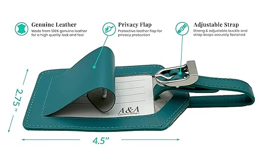 Teal Genuine Top Grain Leather Luggage Tag