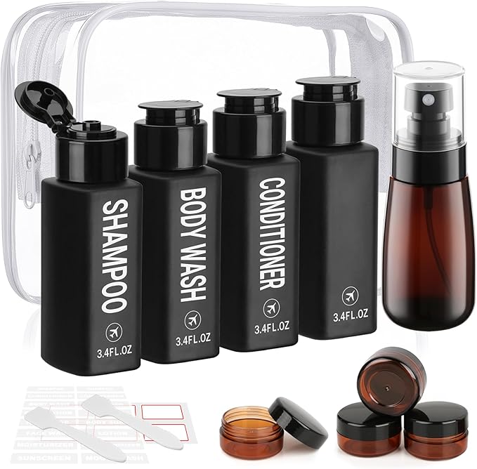 Travel Bottles for Toiletries 14PCS 3.4oz Pre-Printed Shampoo, Conditioner, Body Wash TSA Approved 2oz Travel Spray Bottle Leak Proof Plastic Cream Jars Refillable Lotion Containers(Black)