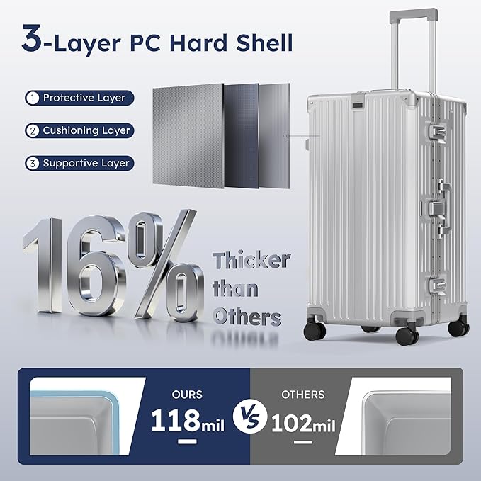 ALPHA CAMP Trunk Luggage, Large 24 Inch Thickened Aluminum Frame Luggage with TSA Spinner Wheels, 3-Layer PC Checked Hardside Zipperless Travel Suitcase, Type-C USB Charging Port, Cup Holder