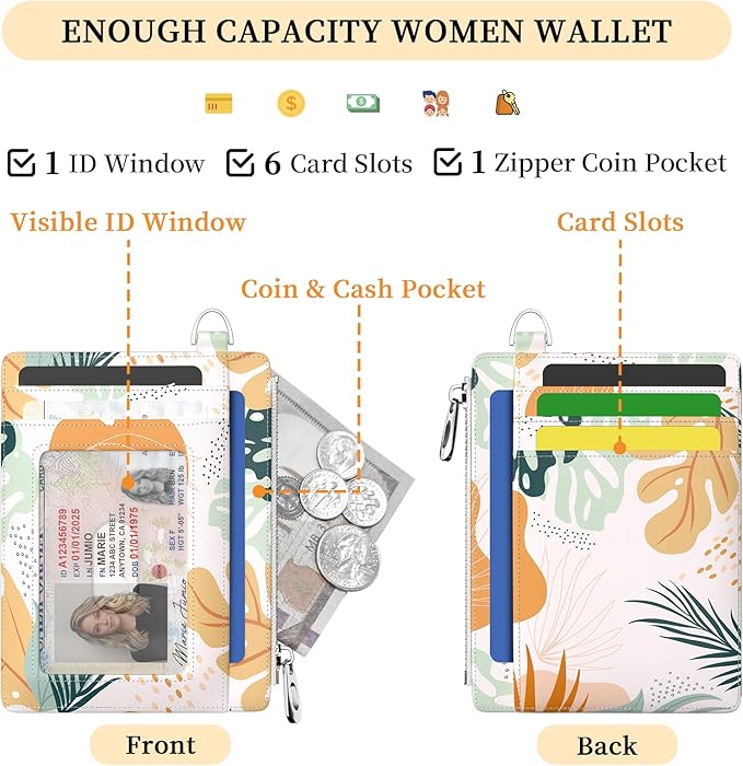 Hancynir Slim Wallet Women Credit Card Holder Abstract Boho Leaves RFID Blocking Small Mini Card Wallets Cute Front Pocket PU Leather Card Case Thin Travel Zipper Coin Cash Ladies Female Wallet Gifts