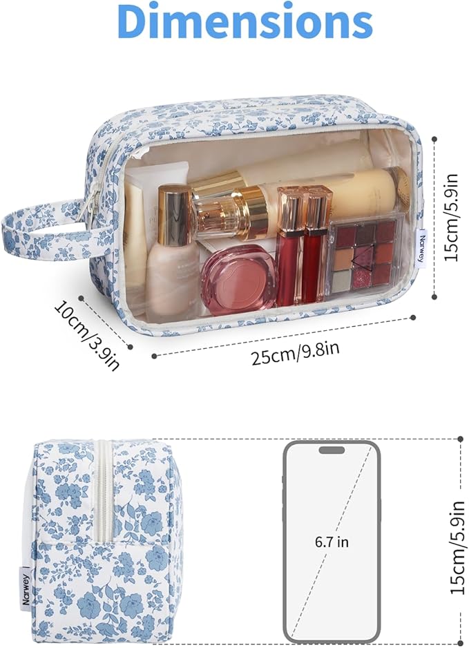 Narwey Clear Toiletry Bags for Traveling Women Men, Clear Travel Bags for Toiletries Makeup Bag Cosmetic Bag with Zipper, Make Up Organizer, Skincare Bag (Blue Flower)
