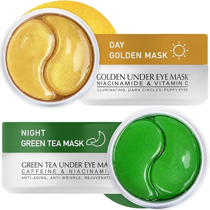 Under Eye Patches Kit: 120 Pcs 24K Gold & Green Tea Gel Eye Mask for Dark Circles, Puffiness and Wrinkles - Anti-Aging Pads with Niacinamide, Collagen, Hyaluronic Acid & Vitamin C (2 Pack)