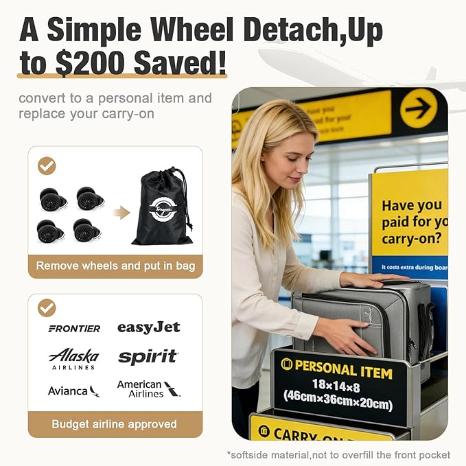 Softside Carry on Luggage Airline Approved, 17 Inch Underseat Carry-on Luggage with Removable Spinner Wheels, Small Personal Item Suitcase for Travel Business, (Grey, 17 inch_Underseat)