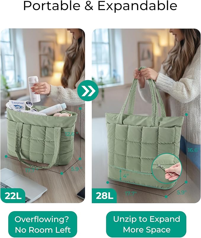 BAGSMART Expandable Tote Bag for Women, Puffer Work Tote Handbag, Quilted Carry On Bag for Travel Gym
