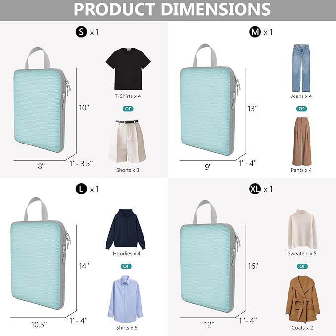 Compression Packing Cubes for Travel, 4 Set Expandable Packing Organizers, Lightweight Luggage Organizer Bags, Travel Essentials for Carry on, Handy Helper for Organizing Clothes, Blue