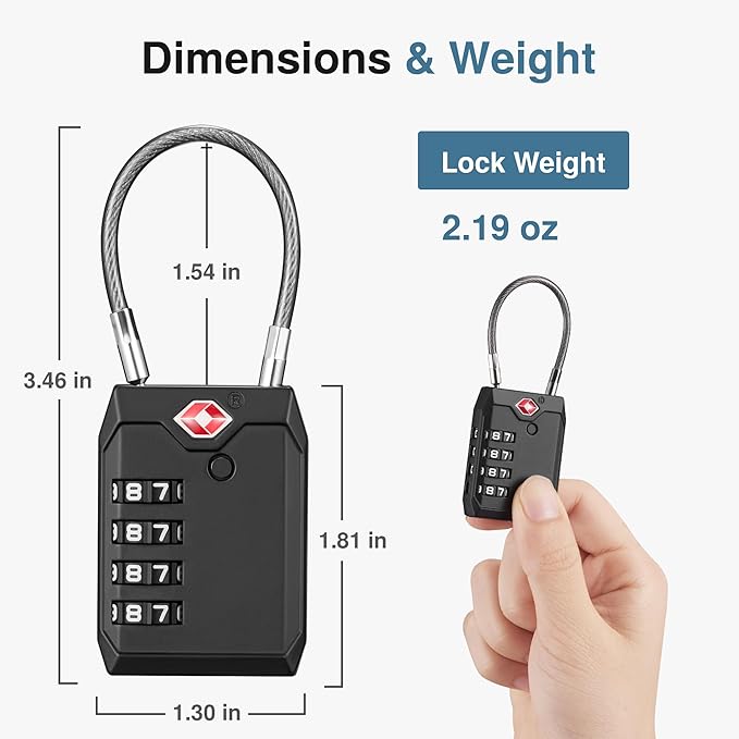 Puroma TSA Locks for Luggage, 2 Pack Luggage Locks TSA Approved 4-Digit Combination Cable Travel Lock Zinc Alloy for Suitcases, Bags, Toolboxes, Backpacks & Gym Lockers (Black)