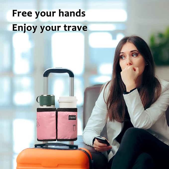 riemot Luggage Travel Cup Holder Free Hand Drink Caddy - Hold Two Coffee Mugs - Fits Roll on Most Suitcase Handles - Gifts for Flight Attendants &Frequent Travelers Accessories Pink
