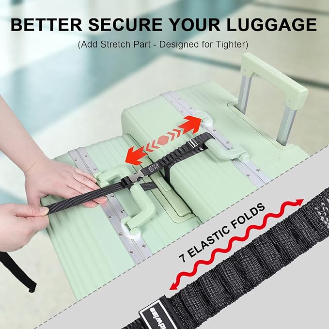 Luggage Straps, Stretchable Luggage Connector Straps for Suitcases, Metal Buckle Add A Bag Adjustable Attachment Accessories Belts (Black-Metal Buckle, 0.75" W)