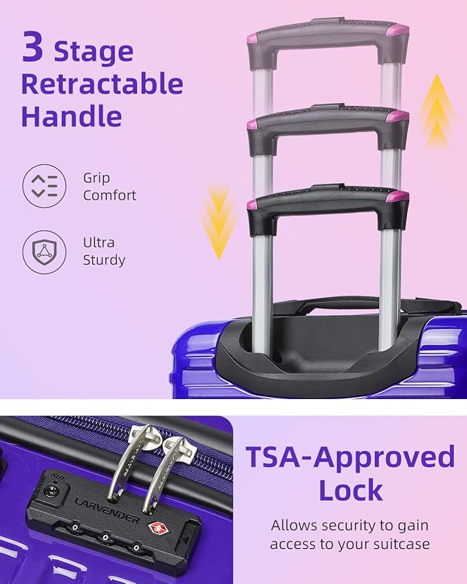 LARVENDER Carry on Luggage 22x14x9 Airline Approved, Expandable 20 Inch Hardside Suitcase with Wheels TSA Lock, PC+ABS Lightweight Carry on Suitcases for Women, Midnight Berry (20/DB/TB)