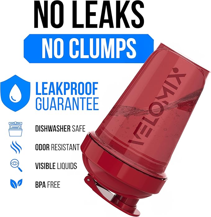 VELOMIX -2 Pack- 20 oz Protein Shaker Bottles for Protein Mixes - 2x Wire Whisk | Leak Proof Shaker Cups for Protein Shakes and Pre Workout | Protein Shaker Bottle Pack (Black/Red)