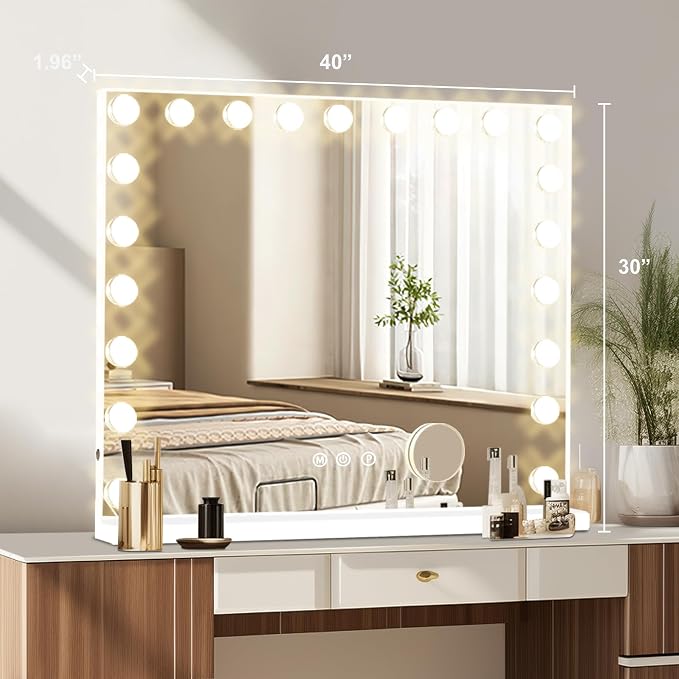 Moonee Vanity Mirror with Lights, Hollywood Lighted Makeup Mirror with 21 Dimmable Bulbs and 10X Magnification, 3 Colors Modes, Aluminum Metal Frame, Light Up Mirror for Tabletop/Wall（40" x 30"）