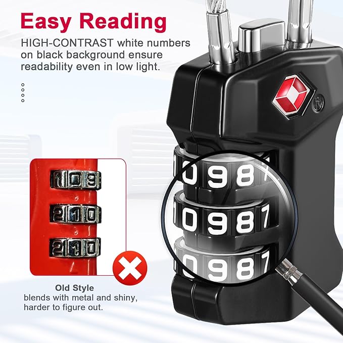 ZHEGE TSA Approved Cable Luggage Lock, Travel Lock, Keyless Padlock with 3 Digit Combination for Suitcase, Backpack, Bag, Toolbox, Gym Locker - Easy to Read & Use for All Ages (Black, 1 Pack)