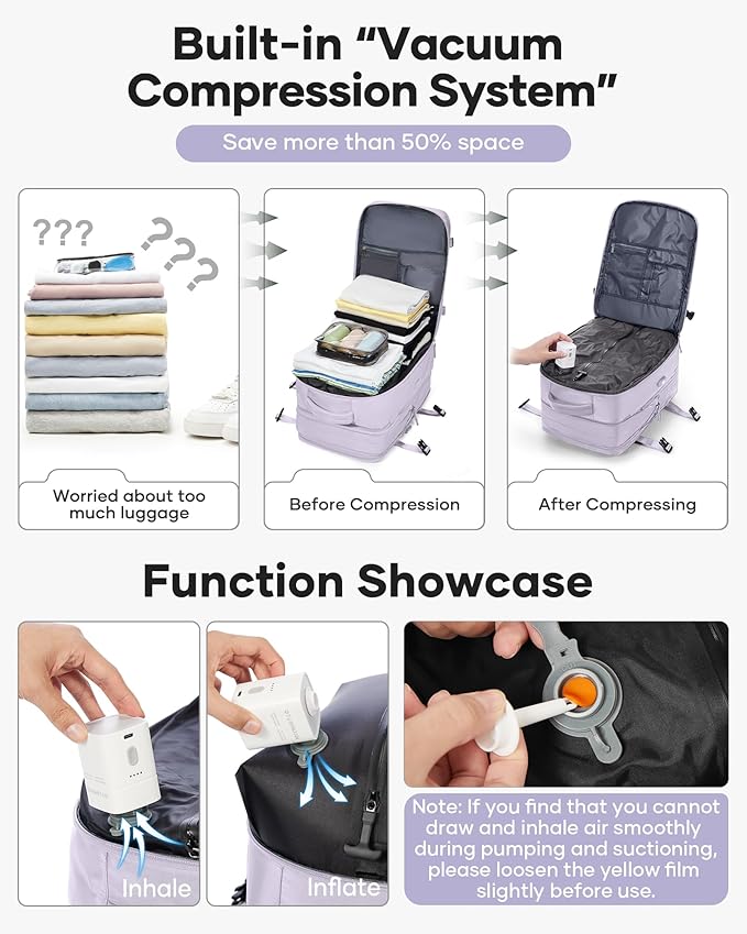 VECAVE Vacuum Backpack Travel with Pump, Expandable Personal Item Carry on Backpacks for Women Men, Laptop Waterproof Work Compression bags with USB Casual Daypack Purple