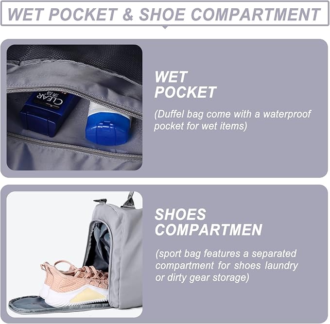 Weekender Gym Duffel Bags for Women Grey with Toiletry Bag
