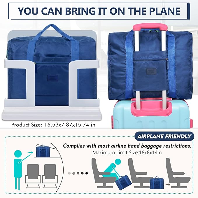 INVODA Travel Bag Lightweight Foldable Travel Duffel Bag Waterproof Sports Gym Bag Tote Carry On Luggage Bag Weekender Overnight Bag (Green+Blue)
