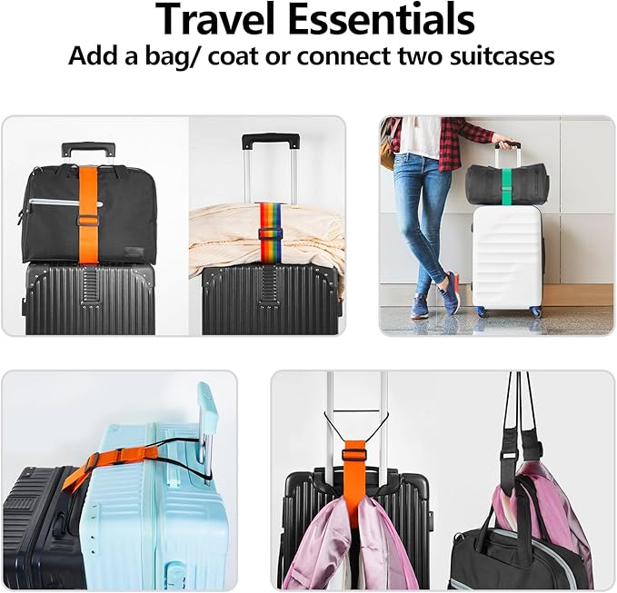 BILIONE Add a Bag Luggage Straps 4 Pack, Adjustable Bungee Elastic Belt to Connect Two Suitcases, Secure Carry On & Travel Essentials (Orange)