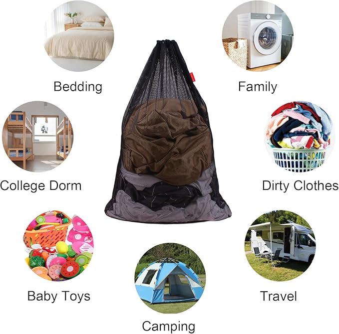 2 Pack Mesh Laundry Bags, 24 x 36 Inches Heavy Duty Drawstring Bag, Factories, College, Dorm, Travel and Apartment Dwellers, Black