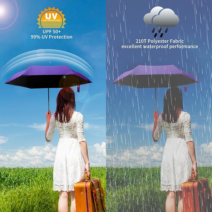GAOYAING Mini Compact Travel Umbrella with Reflective Safety Stripes, Portable Folding Design with Case