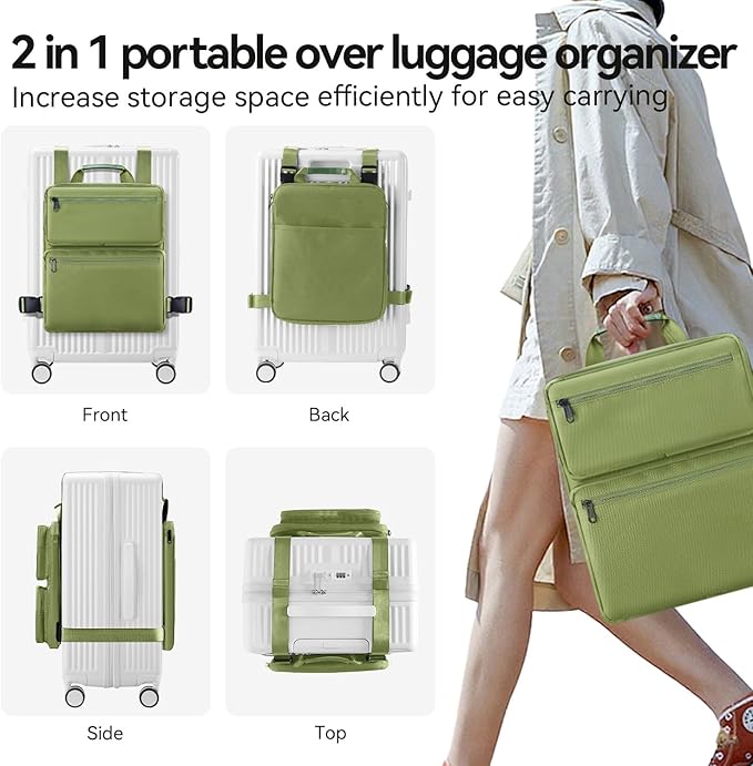 SOKOK Over Luggage Organizer Storage Bag with Multi Pockets, Slide On Luggage Harness with Adjustable Straps, 2-in-1 Travel Accessories Suitcase Vest Bag Fits Most Suitcases, Green-2