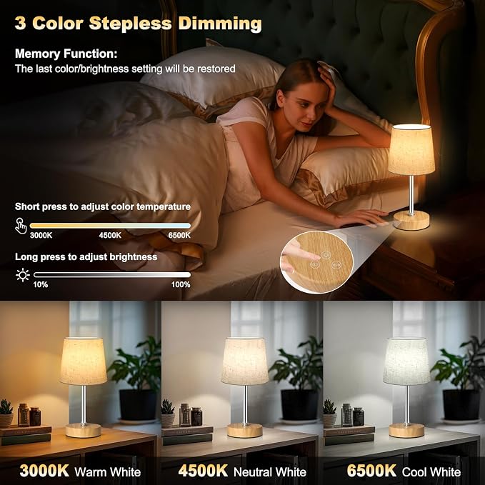 Wowag Small Cordless Table Lamp,5000mAh Rechargeable Battery Operated Desk Lamp,3 Colors & 7 RGB Stepless Dimmable, Portable Touch Bedside Night Light for Patio Restaurant Home,Wood Base,Flaxen Shade