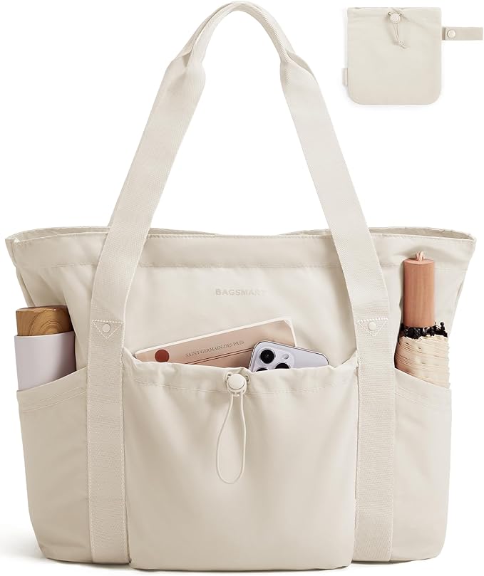 BAGSMART Foldable Tote Bag with Drawstring Bag, Large Tote Bag Shoulder Bag Top Handle Handbag for Travel, Work, Beach, Gym