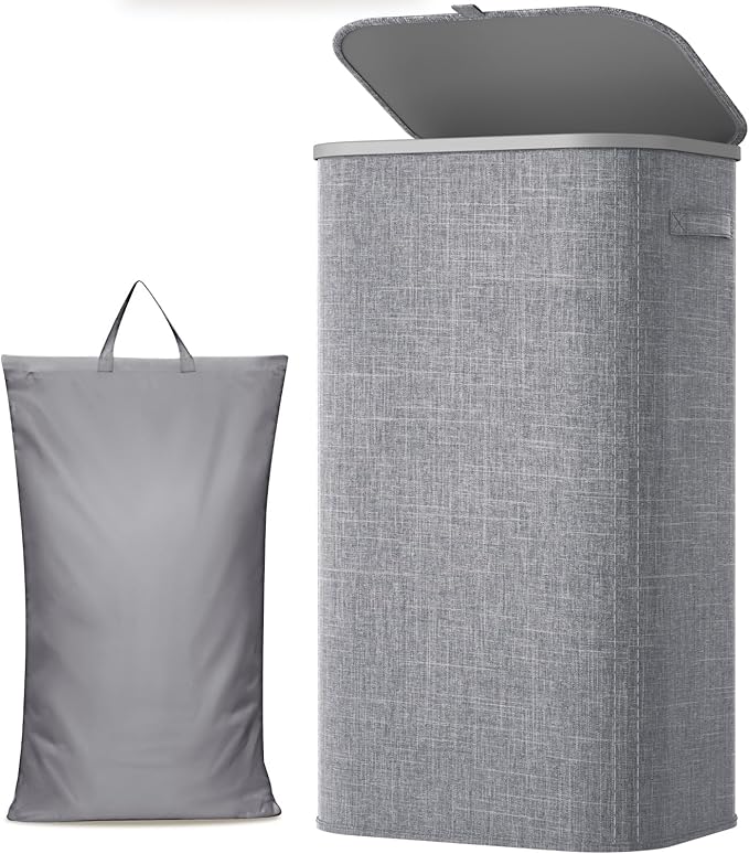 Lifewit 105L Large Laundry Basket with Lid, Laundry Hamper with Plastic Handles and Removable Bag, Foldable Tall Dirty Clothes Hampers for Laundry for Laundry Room, Bedroom, Bathroom, Dorm, Light Gray