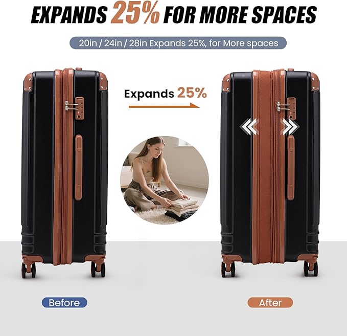 KUNEL Expandable 5 Piece Luggage Sets with Detachable Spinner Wheels and TSA Lock, Unisex Hardside ABS Suitcase Set, Hardshell Lightweight Waterproof Travel Hard Case Suitcases with Wheels, Black