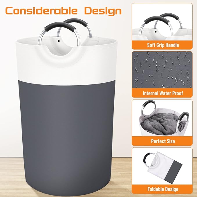 BlissTotes 115L Laundry Basket, Freestanding Laundry Hamper, Collapsible Dirty Clothes Hamper, Waterproof Fabric with Foam Protected Aluminum Handles for College, Dorm, Family (Gray)