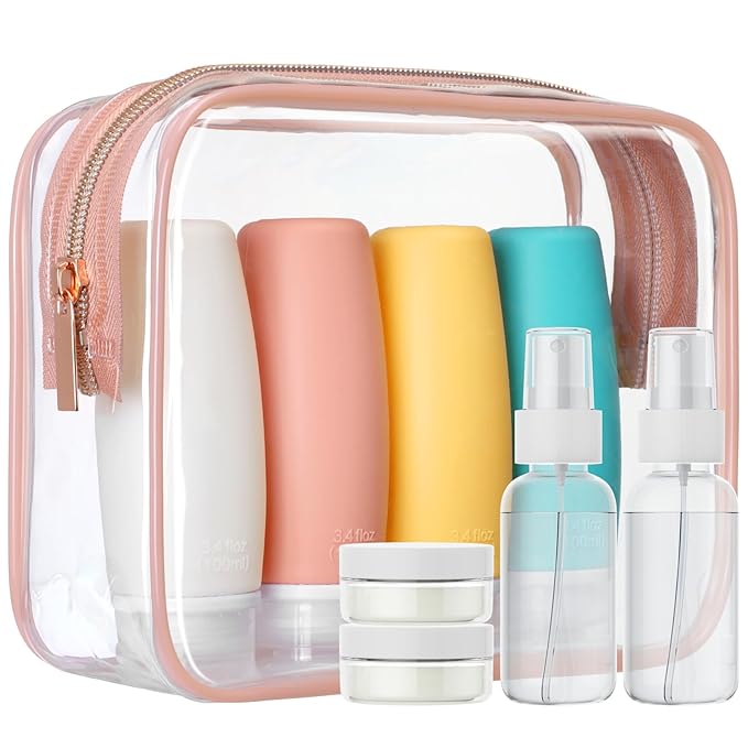 PACKISM 9 Pack TSA Approved Toiletry Bag with Bottles - Leakproof 3.4oz Silicone Travel Container Kit for Toiletries, Clear Quart Size Bag for Shampoo Conditioner Lotion (BPA Free)