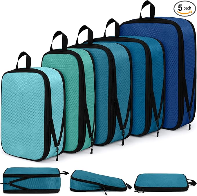 5 Pack Compression Packing Cubes for Travel Space Saving Cubes Luggage Organizer for Suitcase(Blue,Mixed)