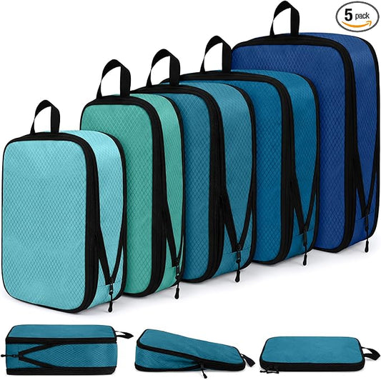 5 Pack Compression Packing Cubes for Travel Space Saving Cubes Luggage Organizer for Suitcase(Blue,Mixed)