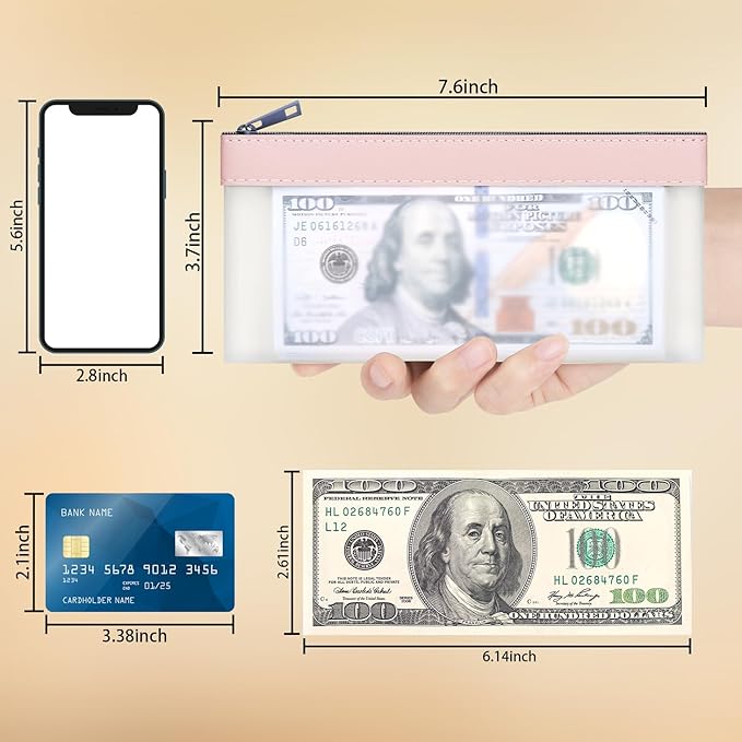VOCHIC 4pcs Storage Bags with Zipper, Pink TPU Money Pouch, Clear Bank Deposit Bags, Waterproof Cash Bag for Collectors, Multi-Purpose Check Wallet (Pink, 7.6 x 3.7 inch, 4 Bags)