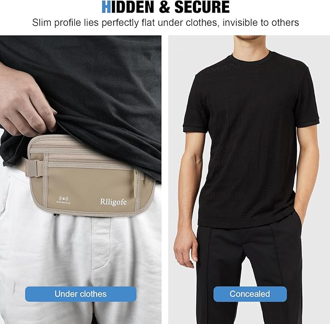Money Belt for Travel Women and Men Hidden - Slim RFID Blocking Travel Wallet with Secure Anti-Theft Pouch, Passport Holder for Passport, Credit Cards, Cash Under Clothes