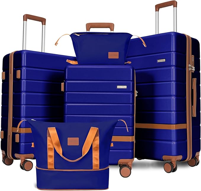 5 Piece Luggage Set 20" 24" 28" Hardshell Suitcases Lightweight PC+ABS Spinner Wheel Luggage with TSA Lock YKK Zipper for Family Vacation Business Air Travel Carry on Checked Baggage (Navy)