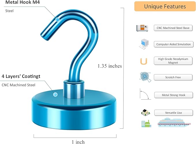 Neosmuk Magnetic Hooks,Heavy Duty Earth Magnets with Hook for Refrigerator, Extra Strong Cruise Hook for Hanging, Magnetic Hanger for Curtain, Grill(RoyalBlue, 6 Pack)