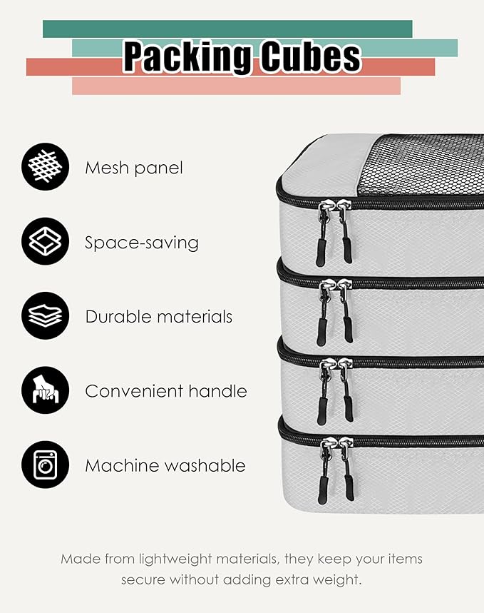 4-Piece Packing Cubes Travel Accessories Set for Suitcases - Luggage Organizer Bags with Double Zipper - Mesh Top - Large - Beige