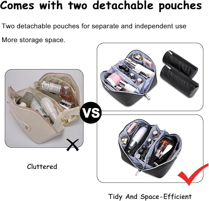 BOYATU Travel Makeup Bag Organizer Cosmetic Bag: 3 Pcs Set Make up Bags for Women with Handle - Waterproof Vegan Leather Toiletry Bags Travel Essentials Pouch with Compartments (C-01-Black)