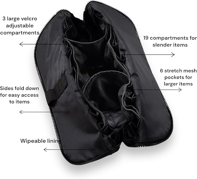 THE VERTI-Vertical Waterproof Makeup & Toiletry Bag | 23-Pocket Organizer with Upright, Fold-Down Design for Skincare, Toiletries & Essentials (Onyx)