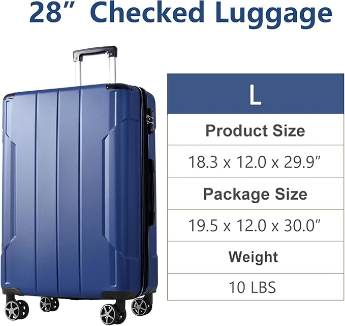 28 Inch Checked-Large Luggage, Lightweight ABS Hard Shell Suitcase with Spinner Wheels, Expandable Travel Luggage with Combination Lock & Side Hooks for Men Women (Blue., 28)