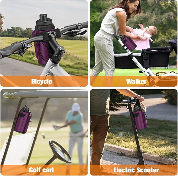 FINPAC Cup Holder for Bike, Universal Water Bottle Holder with Phone Pockets for Stroller Walker Golf Cart Rollator and Scooter, Outdoor, Biking - Purple