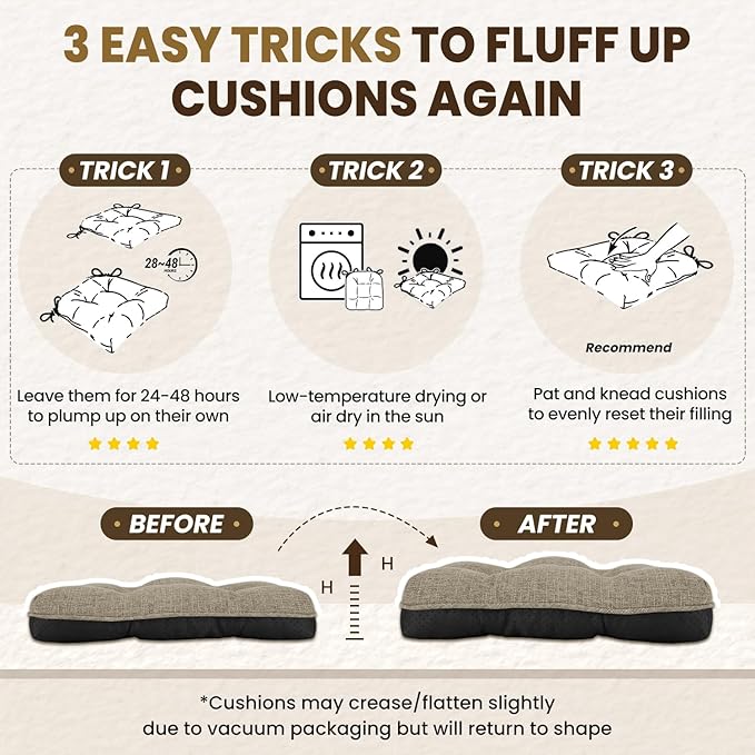 downluxe Indoor Chair Cushions for Dining Chairs, Tufted Overstuffed Textured Memory Foam Kitchen Chair Pads with Ties and Non-Slip Backing, 15.5" x 15.5" x 4", Khaki, 4 Pack