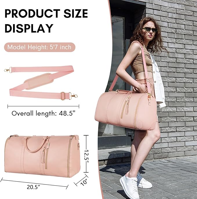 Ytonet Garment Duffle Bags for Travel, Convertible Carry On Garment Bag for Women, Large PU Leather Foldable Travel Bag with Shoe Pouch, 2 in 1 Hanging Suitcase Dress Suit Travel Bags, Pink